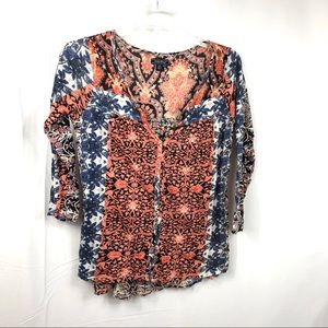 Lucky Brand Floral V-Neck High Low Shirt XS